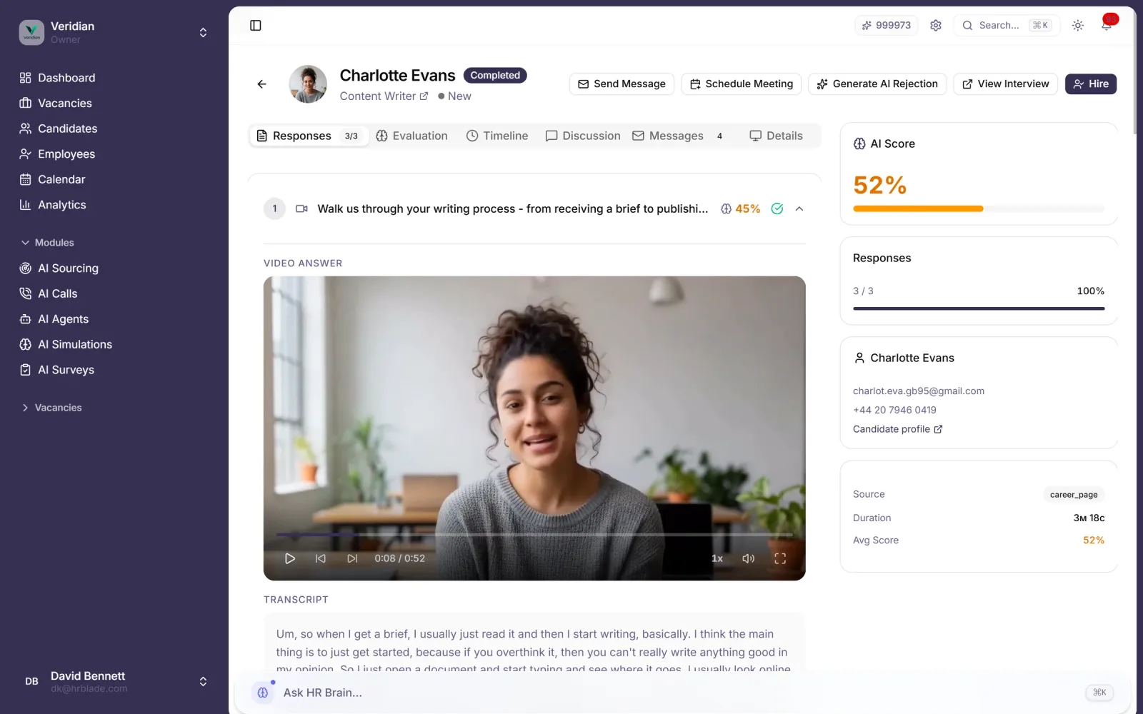 Candidate profile: contact info, work history parsed from CV, interaction timeline, current pipeline stage and notes from the team