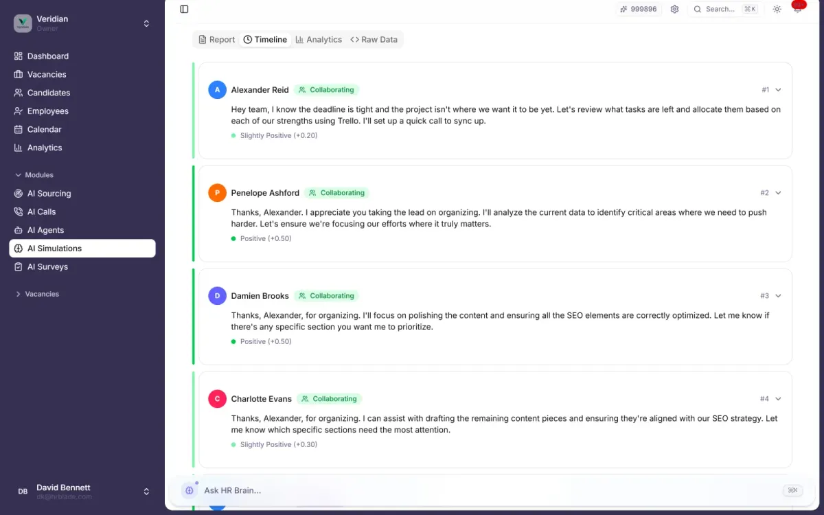 Simulation timeline: replay every AI decision step-by-step with confidence scores, model used and tokens consumed